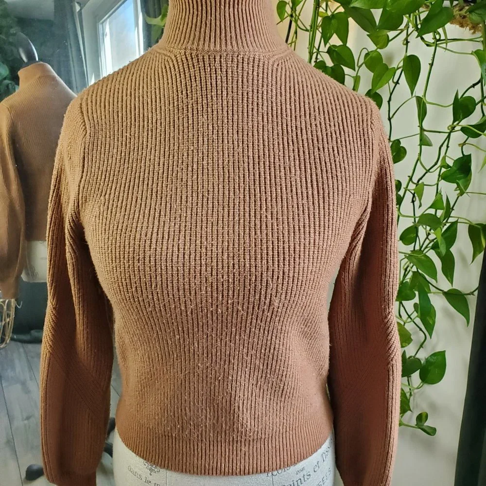 ZARA | Turtleneck Tapered Sleeve Ribbed Bodice Warm Brown Sweater (Size S) - Picture 3 of 9
